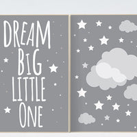 Dream big little one gray print, nursery print, baby's nursery room decor, kid's room, toddler's room, gray, grey clouds, set of 2 prints