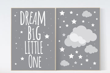 Dream big little one gray print, nursery print, baby's nursery room decor, kid's room, toddler's room, gray, grey clouds, set of 2 prints