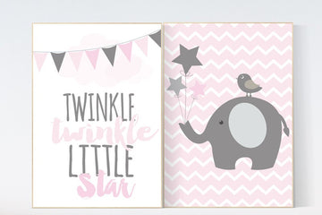 Nursery decor elephant, nursery decor girl pink, twinkle twinkle little star, pink and gray nursery, pink nursery art pink and grey wall art