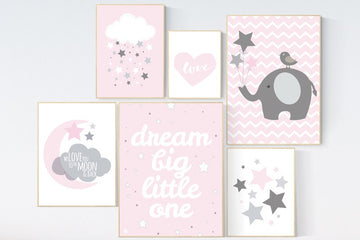 Baby girl nursery decor, dream big little one, Pink gray nursery, moon prints, elephant nursery, pink nursery set, baby shower moon and back