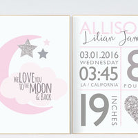 Birth stats wall art, pink silver nursery, we love you to the moon, baby birth stats, pink and silver baby shower, baby girl room decor