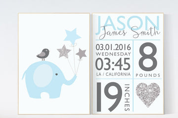 Baby boy nursery decor, Blue gray nursery, blue silver nursery set, Birth stats wall art, elephant  nursery, baby boy nursery wall decor