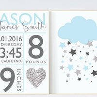 Baby boy nursery wall decor, blue nursery decor, cloud nursery, blue and silver, baby birth stats, new baby gifts, baby gift ideas, nursery