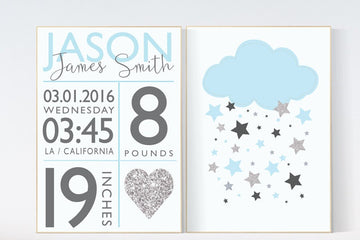 Baby boy nursery wall decor, blue nursery decor, cloud nursery, blue and silver, baby birth stats, new baby gifts, baby gift ideas, nursery