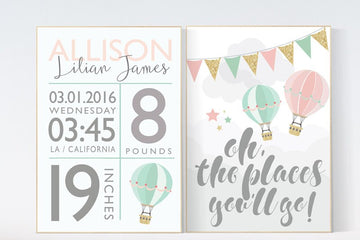 Nursery decor girl coral, coral mint nursery, hot air balloon, coral and teal, coral mint gold, Oh the places you'll go,  pink mint gold