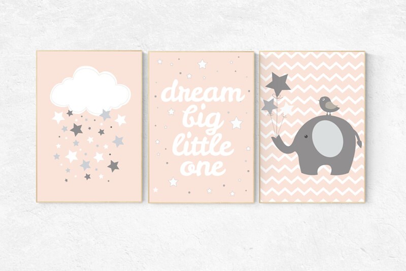Nursery decor elephant, Coral nursery decor, dream Big little one, elephant nursery, coral nursery, blush pink nursery, nursery wall art