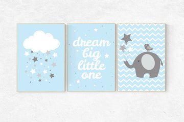 Nursery decor boy elephant, Dream Big little one, blue nursery decor, blue gray nursery decor, blue grey nursery, elephant nursery art