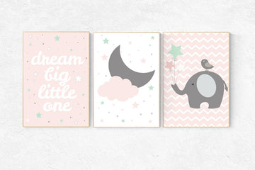 Nursery decor girl coral, mint coral nursery decor, nursery decor elephant, pink and mint nursery, elephant nursery, dream big little one