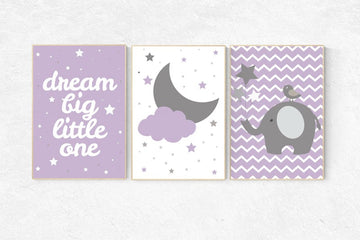 Nursery decor girl purple, nursery decor elephant, lilac, lavender nursery, purple nursery wall art, moon and stars nursery, elephant