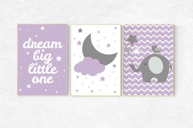 Nursery decor girl purple, nursery decor elephant, lilac, lavender nursery, purple nursery wall art, moon and stars nursery, elephant