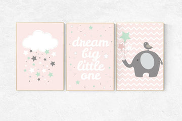 Nursery decor girl coral, mint coral nursery decor, nursery decor elephant, pink and mint, dream big little one, girls room, pink and gray