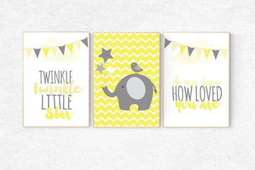 Yellow nursery decor, gender neutral nursery, elephant nursery, Nursery Wall Art, yellow gray, yellow grey, Twinkle Twinkle Little Star