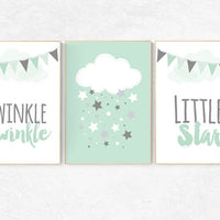 Twinkle Twinkle Little Star, Mint nursery decor, cloud nursery, cloud nursery, gender neutral baby, new baby gift, mint gray, mint gray