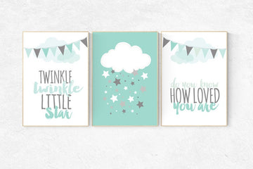 Mint nursery decor, Twinkle Twinkle Little Star, gender neutral baby, new baby gift, mint gray, baby room decor, kids room decor, playroom