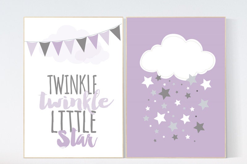 Purple nursery decor, Twinkle Twinkle Little Star, baby girl nursery wall art, new baby gift, purple gray nursery, cloud Nursery Art