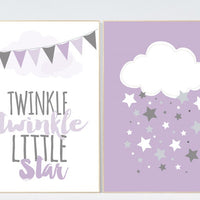 Purple nursery decor, Twinkle Twinkle Little Star, baby girl nursery wall art, new baby gift, purple gray nursery, cloud Nursery Art