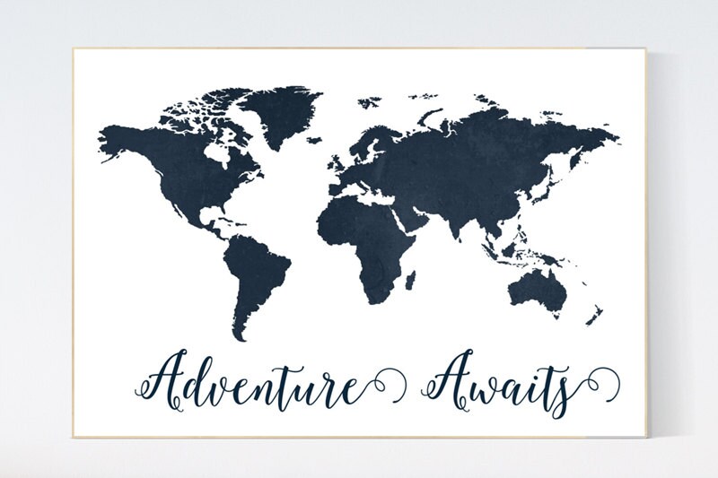 Navy World Map print, Adventure awaits Nursery print, Kid&