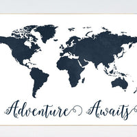 Navy World Map print, Adventure awaits Nursery print, Kid's Room Decor, Children's playroom, toddler navy baby wall art, world map gift