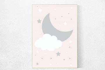 Pink nursery art, nursery wall art, powder pink, baby girl nursery wall art, moon print, baby girl nursery decor, baby girl nursery, girls