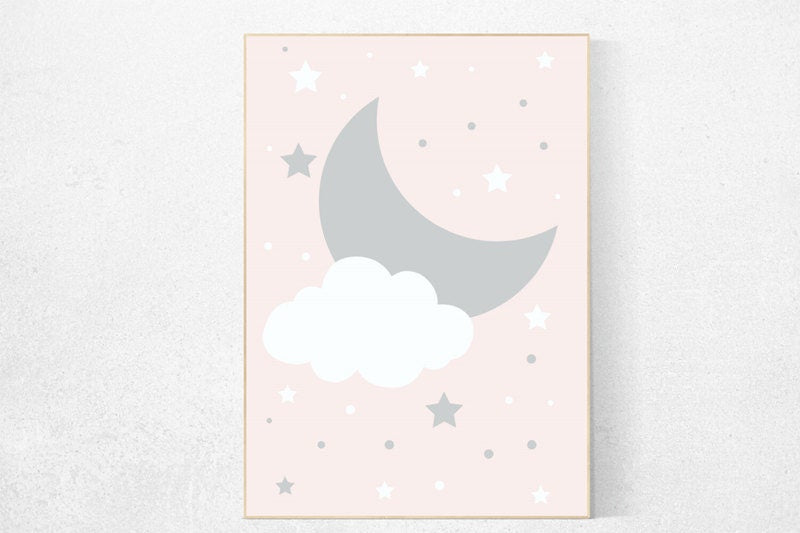 Pink nursery art, nursery wall art, powder pink, baby girl nursery wall art, moon print, baby girl nursery decor, baby girl nursery, girls