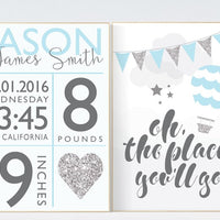 Oh the places you'll go, Birth stats wall art, blue silver nursery, hot air balloon nursery, nursery wall art, Birth announcement wall art