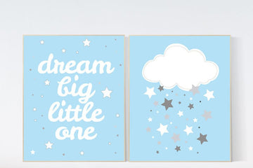 Blue nursery decor, Dream Big Little One Art Print, baby boy nursery, blue gray nursery decor, nursery wall art, clouds, nursery room boy