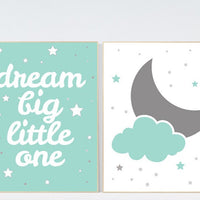 Moon and stars nursery, Mint nursery decor, Dream Big Little One Art Print, mint green nursery decor, nursery wall art, gender neutral baby,