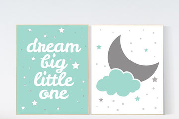 Moon and stars nursery, Mint nursery decor, Dream Big Little One Art Print, mint green nursery decor, nursery wall art, gender neutral baby,