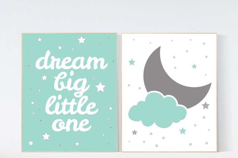 Moon and stars nursery, Mint nursery decor, Dream Big Little One Art Print, mint green nursery decor, nursery wall art, gender neutral baby,