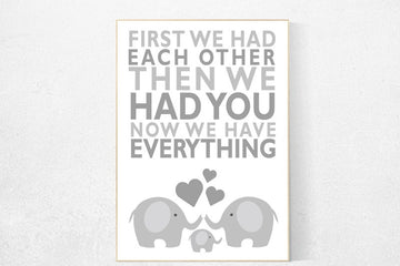 Gray nursery, First We Had Each Other,  gender neutral nursery, Elephant Nursery Art, Nursery Decor, Baby Nursery Prints grey nursery decor