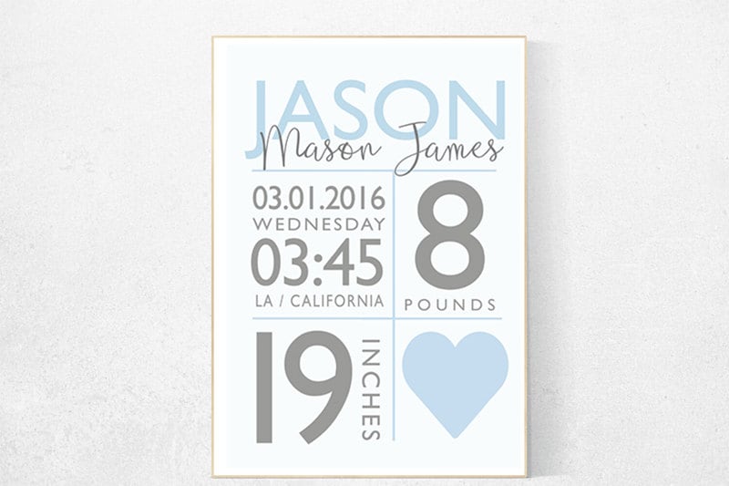Baby boy birth announcement, baby boy nursery, boy birth print, baby print, baby stats, baby boy nursery decor, baby boy gift Custom Nursery