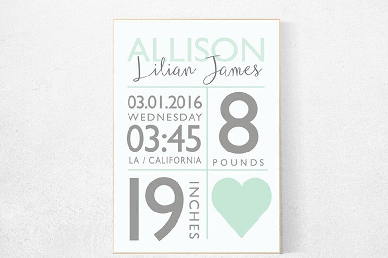 Mint nursery decor, birth announcement, gender neutral nursery, boy birth print, girl birth print, baby print, baby stats, new baby gift,