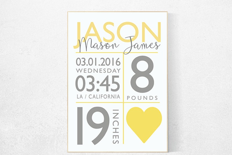 Yellow gray nursery, nursery decor girl name, gender neutral, yellow nursery, baby birth stats, yellow nursery wall art, girl nursery