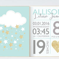 Mint and gold nursery, Birth stats wall art, mint and gold nursery, mint nursery decor, cloud nursery baby birth stats birth announcement