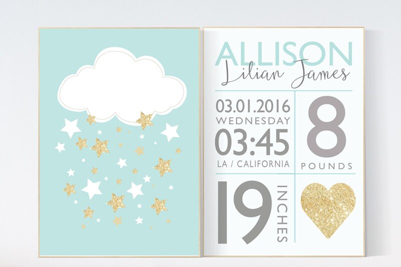 Mint and gold nursery, Birth stats wall art, mint and gold nursery, mint nursery decor, cloud nursery baby birth stats birth announcement