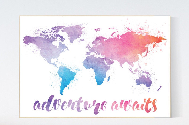 Adventure awaits print, World Map Print, nursery wall art, baby&