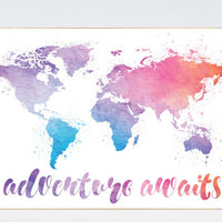 Adventure awaits print, World Map Print, nursery wall art, baby's nursery room decor, toddler room, gender neutral, kid room, playroom decor