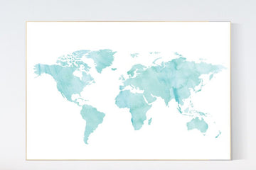 Mint nursery decor, World Map wall art, watercolor world map nursery, world map wall art, teal nursery decor, world map print, kids room
