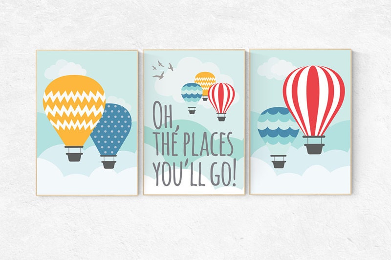 Oh the places you will go nursery, hot air balloon nursery, set of 3 prints, Baby decor nursery art, oh the places you will go wall art gift