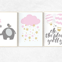 Baby room decor girl gold and pink, Nursery decor girl gold, nursery wall art elephant, nursery decor pink and gold baby room decor elephant