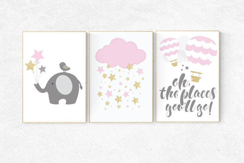 Baby room decor girl gold and pink, Nursery decor girl gold, nursery wall art elephant, nursery decor pink and gold baby room decor elephant