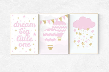 Pink gold nursery, dream big little one, pink and gold nursery, hot air balloon nursery, nursery decor girl pink, girls room decor pink gold
