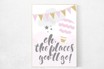 Oh the places you'll go nursery decor, pink gold nursery, hot air balloon nursery, nursery prints, pink gold baby shower baby gift