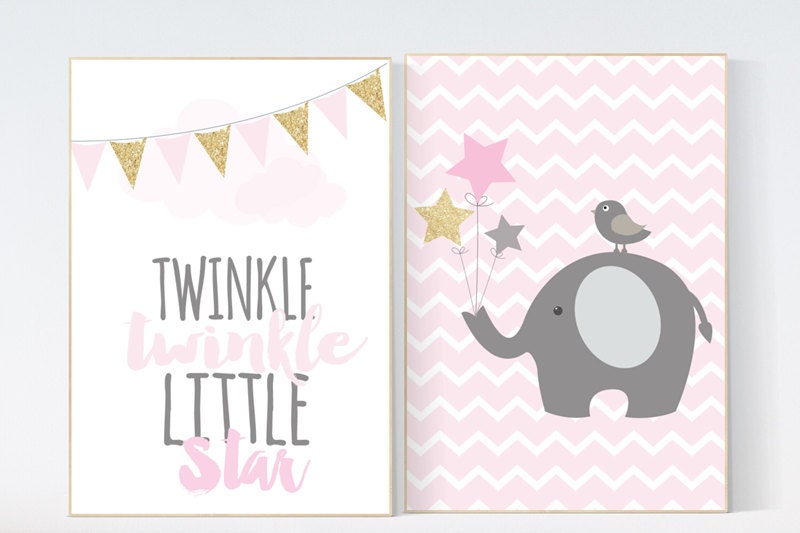 Twinkle Twinkle Little Star, Elephant nursery decor, pink gold nursery, Baby girl nursery decor, girls room wall art baby girl nursery girls