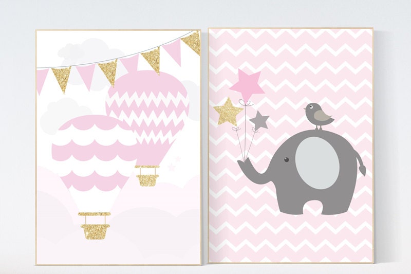 Elephant nursery decor, pink gold nursery, hot air balloon nursery, Baby girl nursery decor, girls room wall art baby girl nursery girls