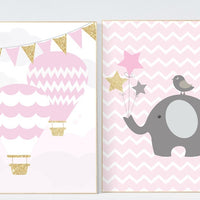 Elephant nursery decor, pink gold nursery, hot air balloon nursery, Baby girl nursery decor, girls room wall art baby girl nursery girls