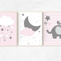 Pink nursery decor, Elephant Nursery Art, moon nursery, baby girl, pink gray, pink grey, elephant nursery, baby girl wall decor girl nursery