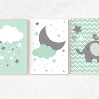 Mint nursery decor, Elephant Nursery Art, mint green nursery decor, playroom decor, gender neutral nursery decor, mint green, cloud nursery