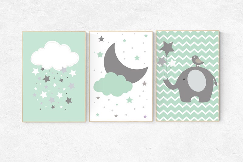 Mint nursery decor, Elephant Nursery Art, mint green nursery decor, playroom decor, gender neutral nursery decor, mint green, cloud nursery