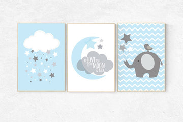 We love you to the moon and back, nursery decor, blue nursery decor, moon nursery, elephant nursery, nursery wall art, baby room decor, gift